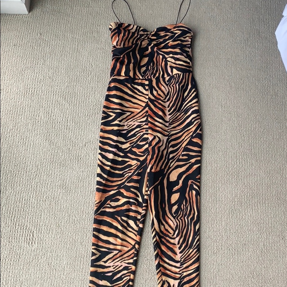Animal Print Strapless Jumpsuit in Black & Tan SIZE 8